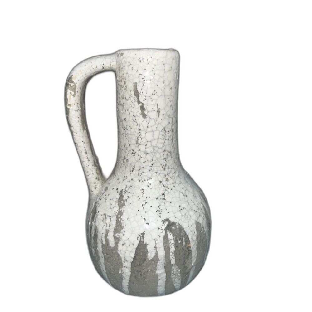 Gray and White Crackled Drip Pottery Mid Century Modern Handle Vase Farmhouse